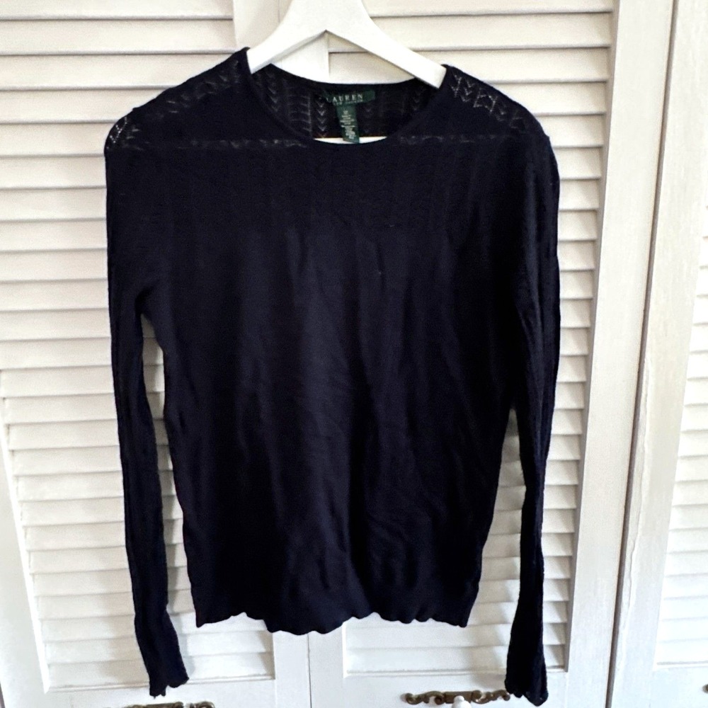 Lauren Ralph Lauren Sweater Pointelle Knit M Navy Blue Women Silk Blend Pullover
